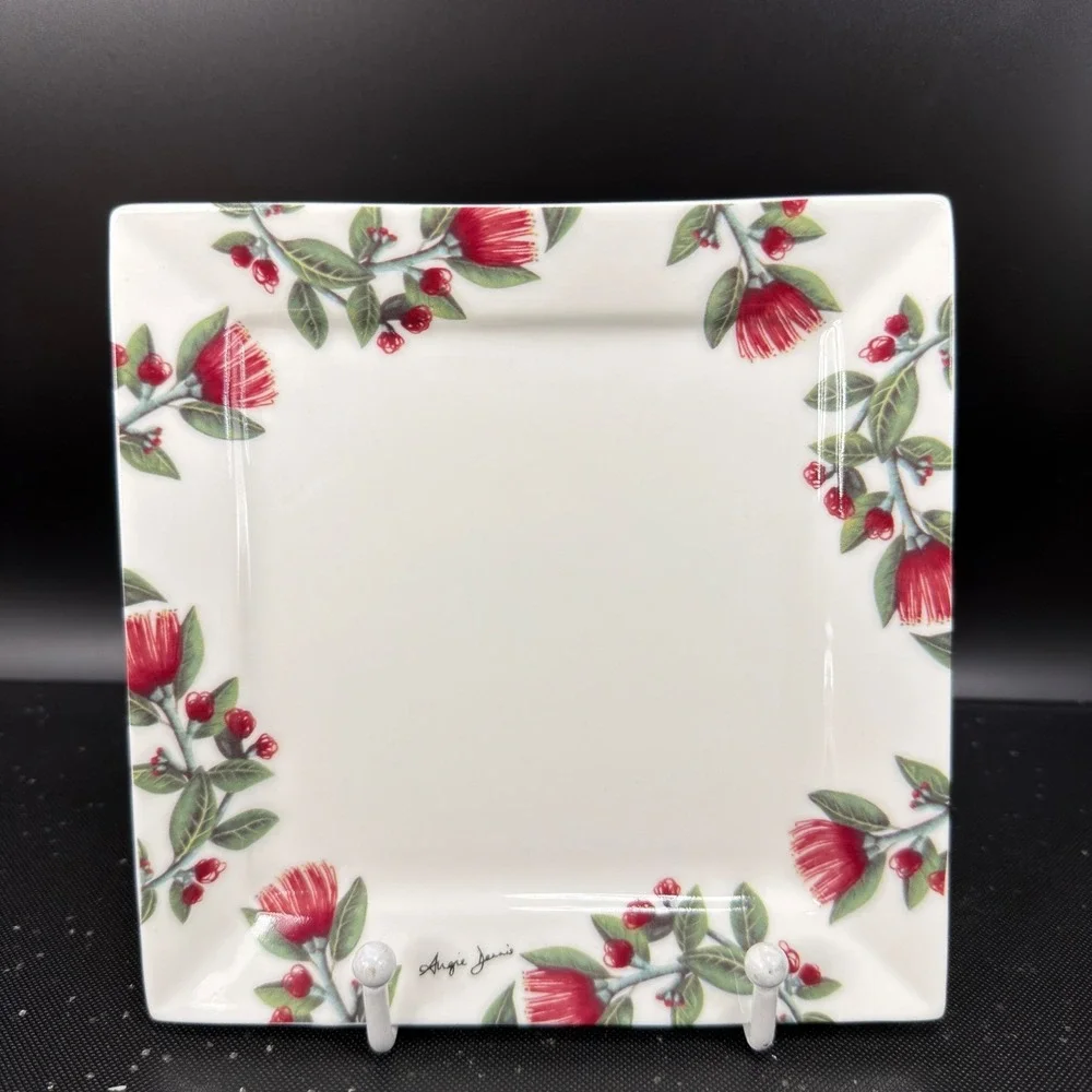 Angie Dennis Intuition Square Plates Set of 2 Red Pohutukawa‎ New Zealand Floral